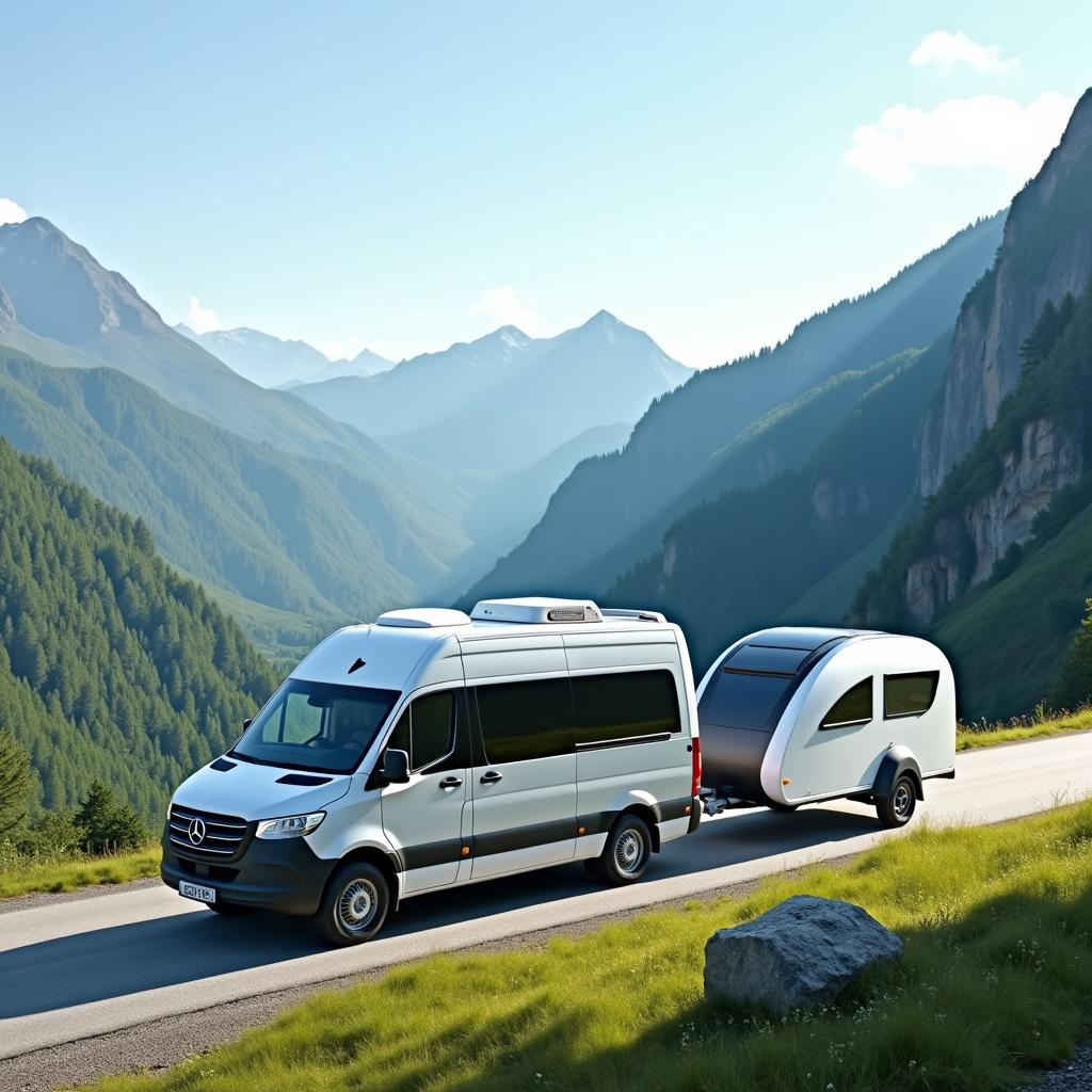 Wohnmobil mit Smart Anhänger auf einer Bergstraße