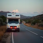 Wohnmobil Panne in Andalusien: Ein Wohnmobil steht am Straßenrand mit eingeschalteter Warnblinkanlage. Im Hintergrund ist die andalusische Landschaft zu sehen.