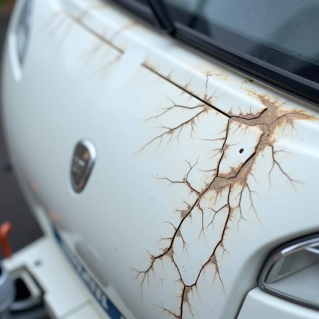 Wohnwagen Haube mit Rissen und Schäden durch Witterungseinflüsse.