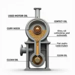 Zentrifuge Altöl Reinigungsprozess: Darstellung des Reinigungsprozesses von Altöl in einer Zentrifuge. Die schwereren Partikel werden nach außen geschleudert und das gereinigte Öl gesammelt.