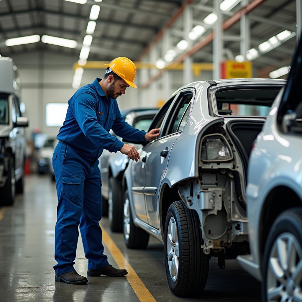 Zertifizierte Autoverwertung: Mitarbeiter einer Autoverwertung demontieren fachgerecht ein Fahrzeug.