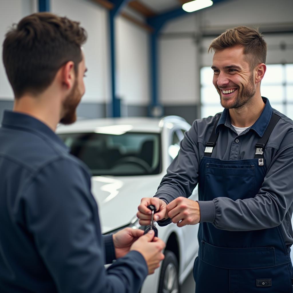 Ein zufriedener Kunde holt sein repariertes Auto in der Kfz-Werkstatt ab.