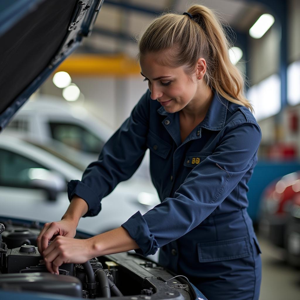 Zweiteilige Arbeitskleidung für Mechanikerinnen in Aktion: Eine Frau arbeitet konzentriert an einem Motor.