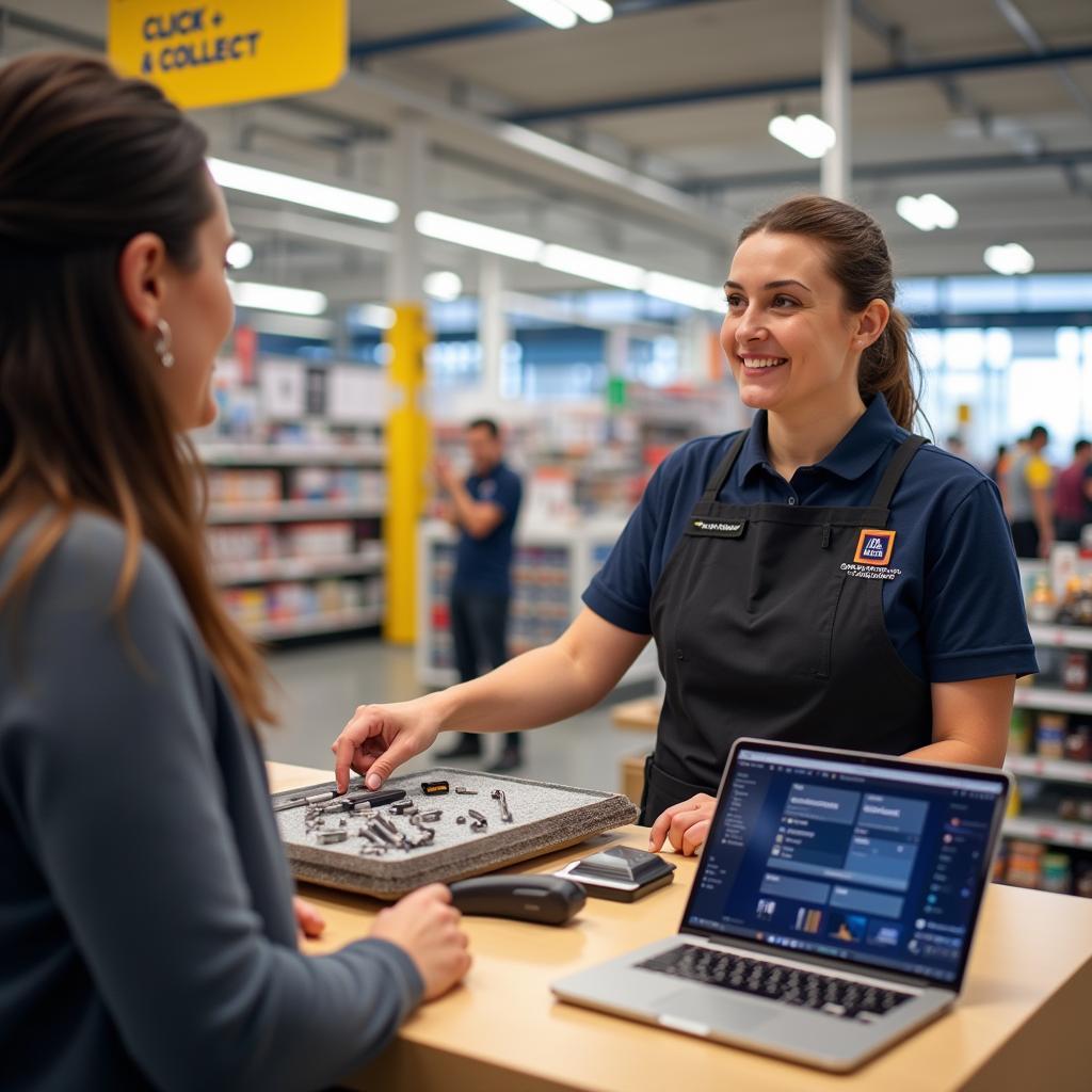 Click & Collect di Aldi: Pelanggan mengambil alat yang dipesan secara online di cabang Aldi.