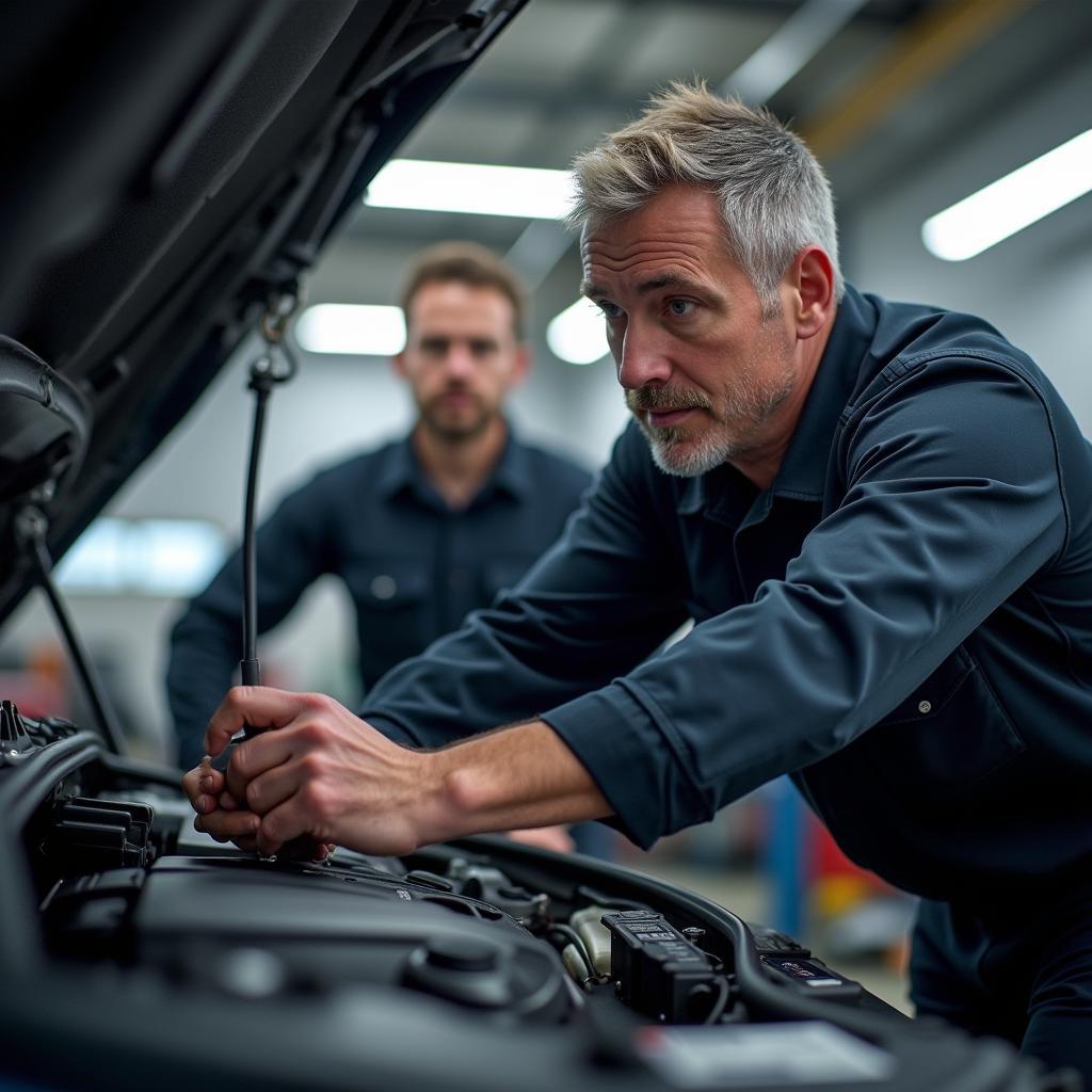 Kfz-Mechaniker nimmt an einer Schulung für Audi Fahrzeuge teil