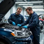 Erfahrene Mechaniker im Autohaus Bennstedt VW reparieren einen Volkswagen Golf.