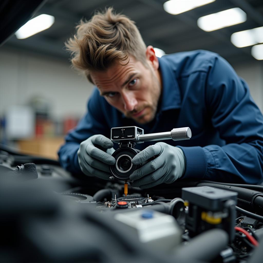 Reparo da câmera do carro na oficina: um mecânico examina a câmera.