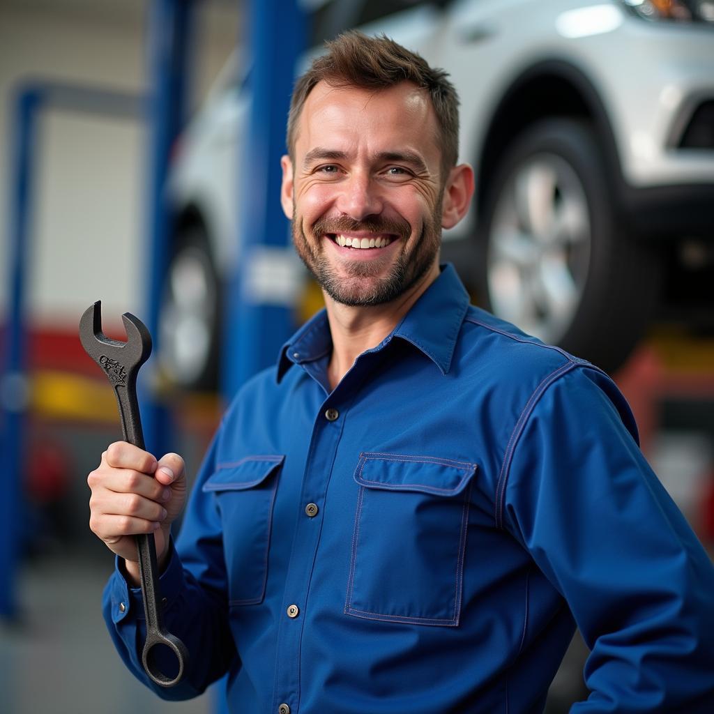 Begeisterter Mechaniker mit Werkzeug in der Hand