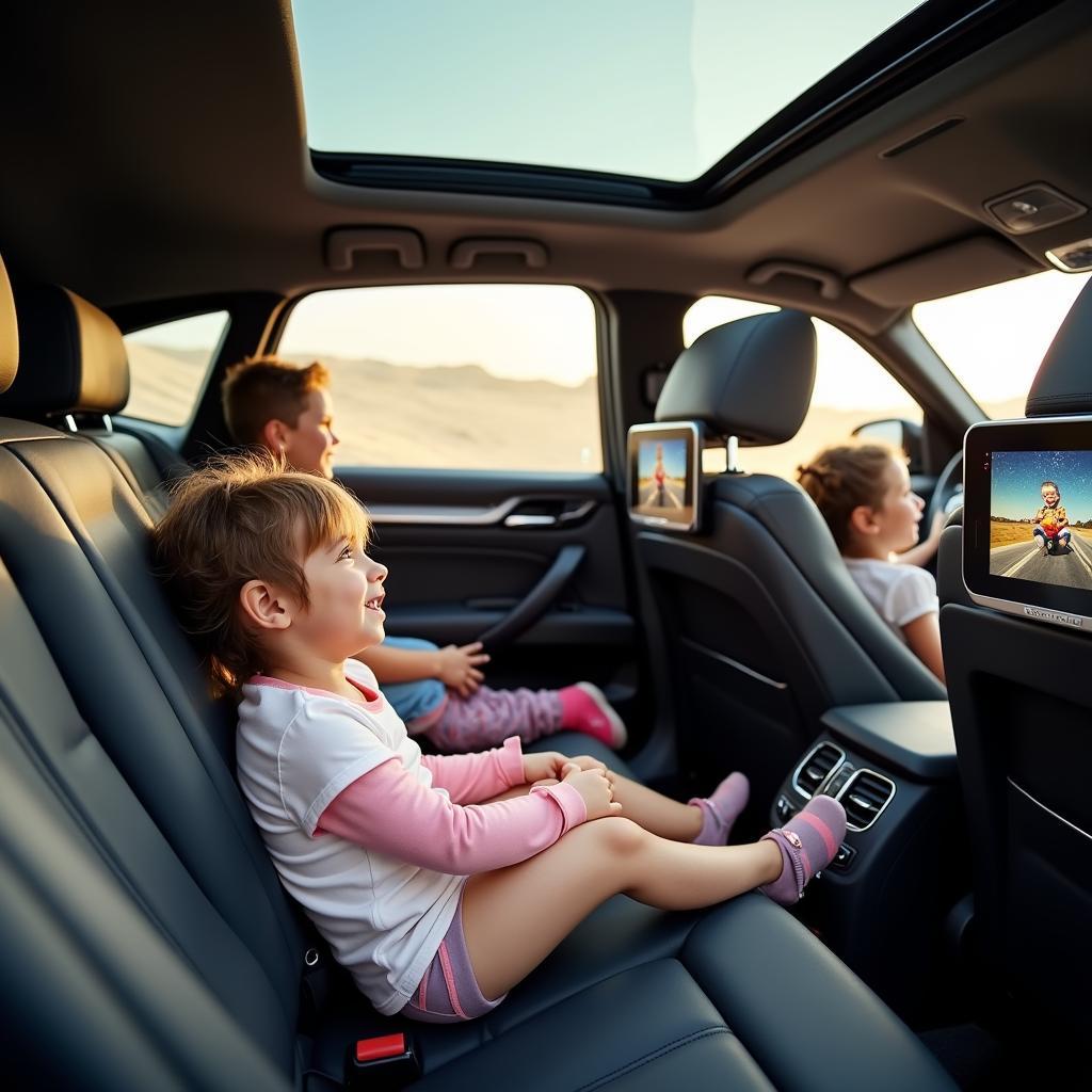 BMW Travel Paket für Familienreisen: Kinder unterhalten mit dem Entertainment-System, geschützt vor Sonne durch Sonnenschutzrollos.