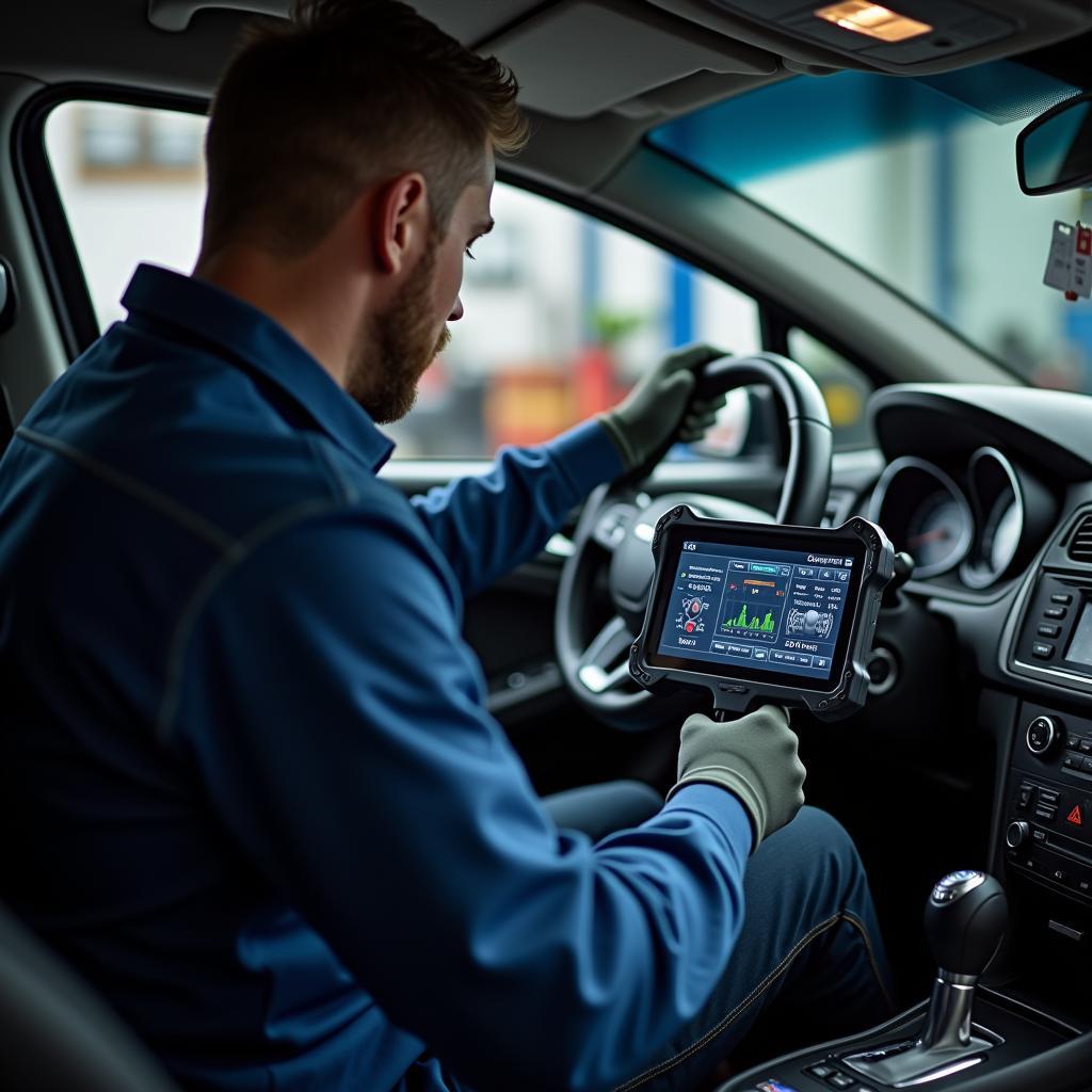 Experte in einer Werkstatt führt eine Fahrzeugdiagnose mit moderner Ausrüstung durch.