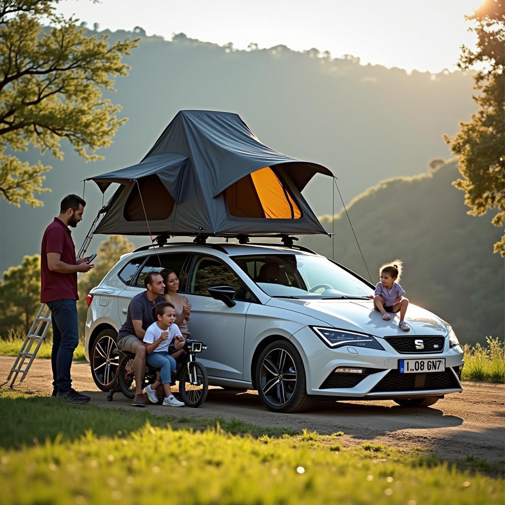 Familie campt mit Seat Leon und Dachzelt