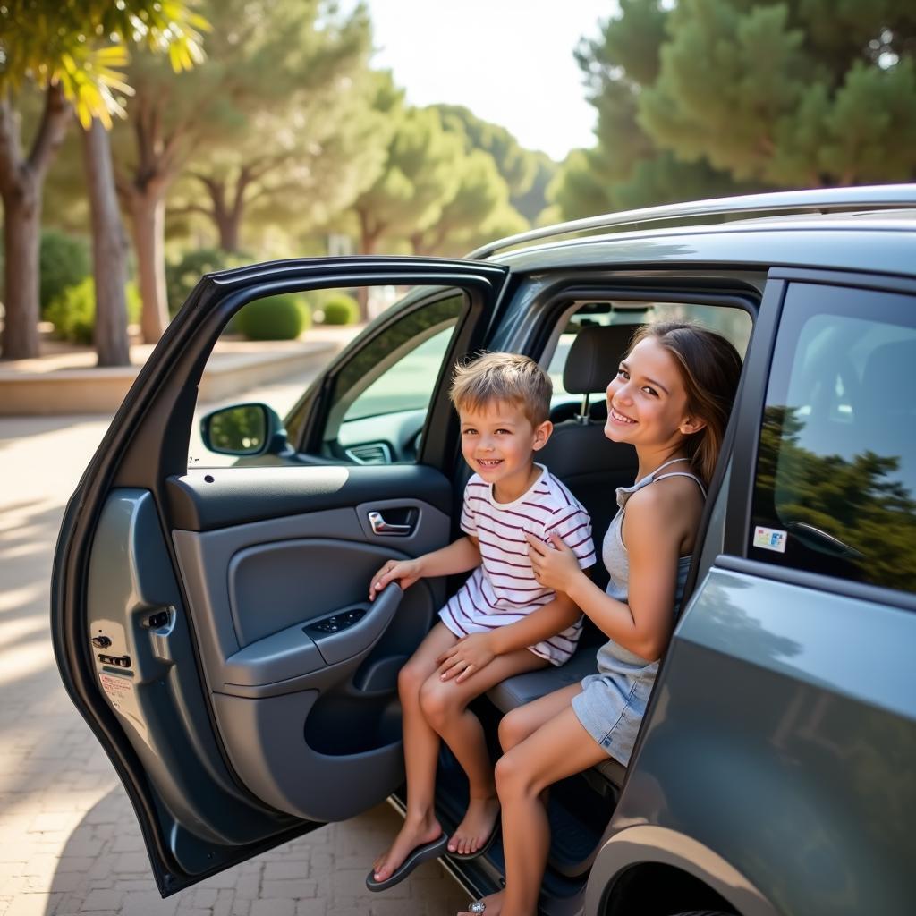 Familie Mietwagen Mallorca Urlaub: Eine glückliche Familie steigt in ihren Mietwagen auf Mallorca ein, bereit für einen Ausflug.