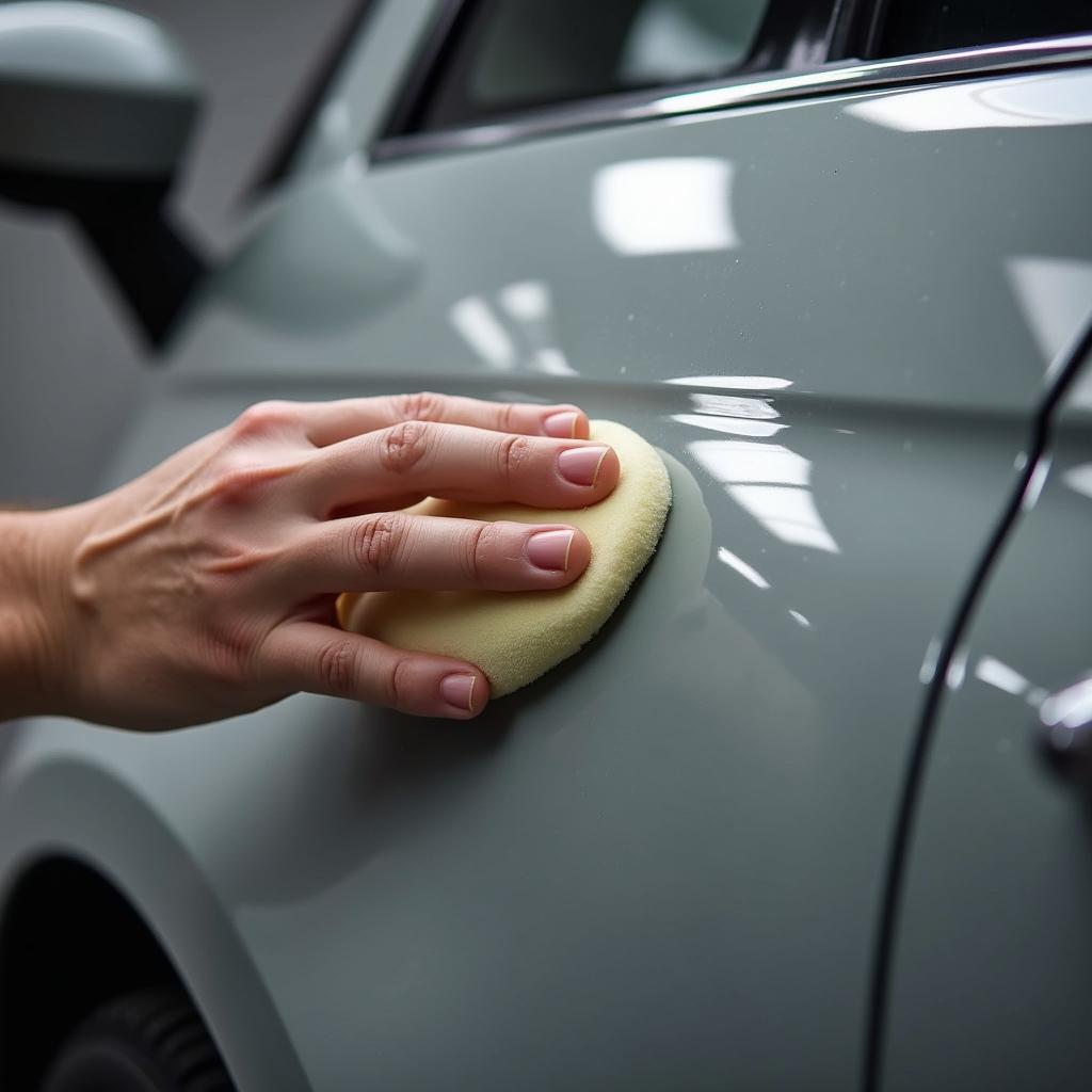 Nahaufnahme: Hand poliert den Lack eines Fiat 500 in Pompei Grau.