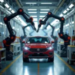 Moderne Roboterarme und Mitarbeiter arbeiten zusammen an der Montage von Fiat Fahrzeugen.