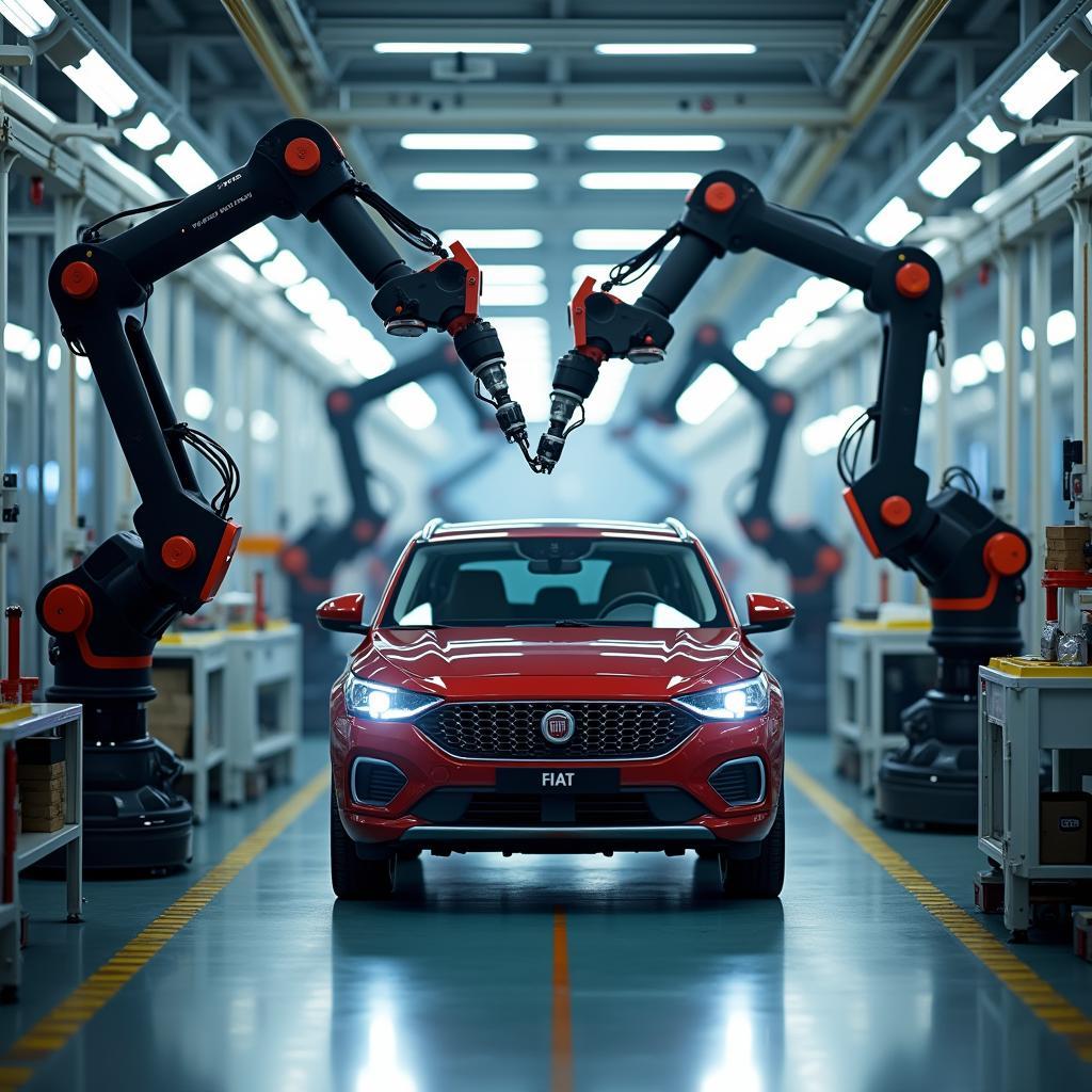 Moderne Roboterarme und Mitarbeiter arbeiten zusammen an der Montage von Fiat Fahrzeugen.