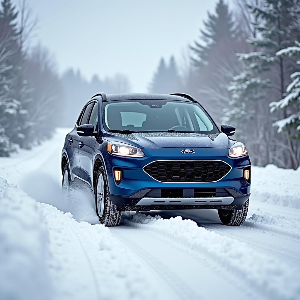 Ford Kuga 4WD meistert verschneite Straßenverhältnisse: Der Allradantrieb sorgt für optimale Traktion und sicheres Fahren im Winter.