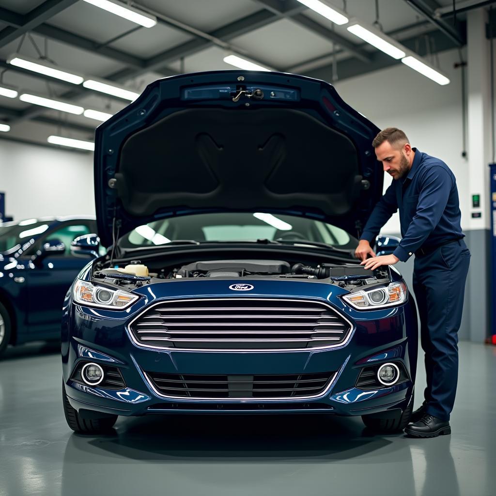 Ford Mondeo in der Werkstatt zur Reparatur. Ein Mechaniker untersucht den Motorraum.