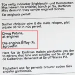 Ford Motorkennbuchstaben im Fahrzeugschein:  Die Position der Motorkennbuchstaben (P.2) im deutschen Fahrzeugschein ist hervorgehoben.