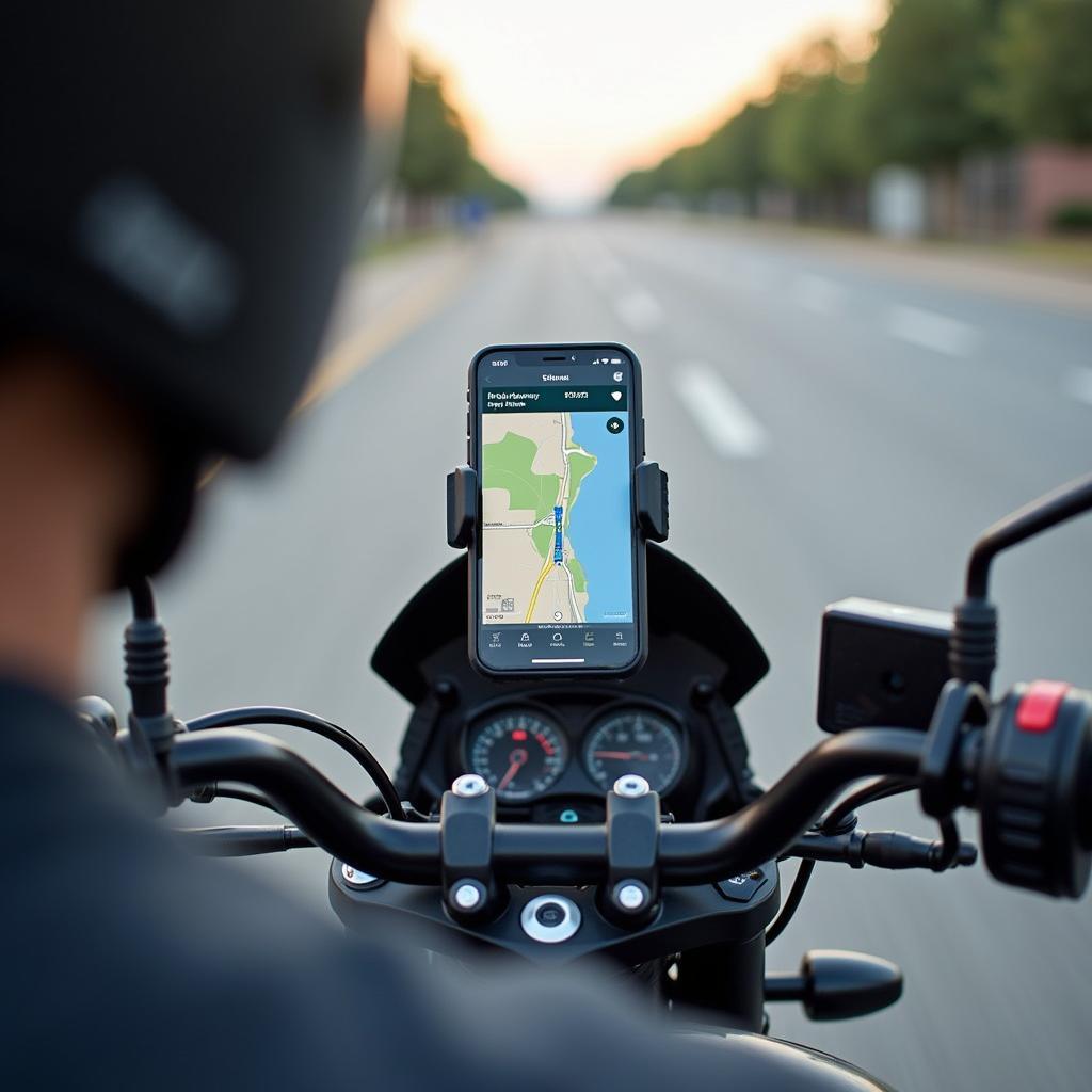 Motorradfahrer nutzt die Navigation auf seinem Smartphone mit vibrationsfreier Halterung