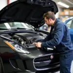 Gebrauchtwagencheck Jaguar F-Type: Ein Mechaniker inspiziert den Motorraum eines Jaguar F-Type in einer Werkstatt.