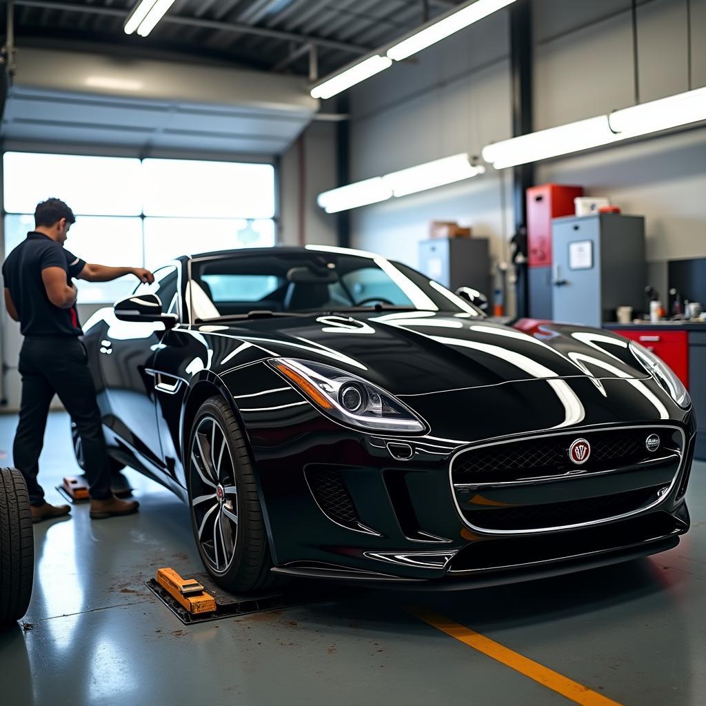 Wartung Jaguar F-Type: Ein Jaguar F-Type steht zur Inspektion in einer Fachwerkstatt.