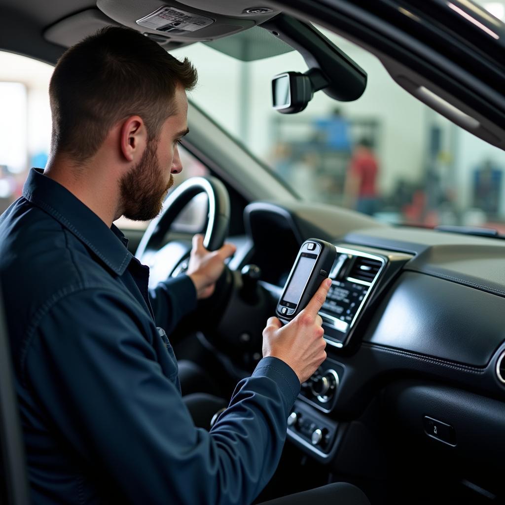 Ein Kfz-Mechaniker verwendet ein Diagnosegerät zur Überprüfung eines Familien-SUVs in einer Werkstatt.