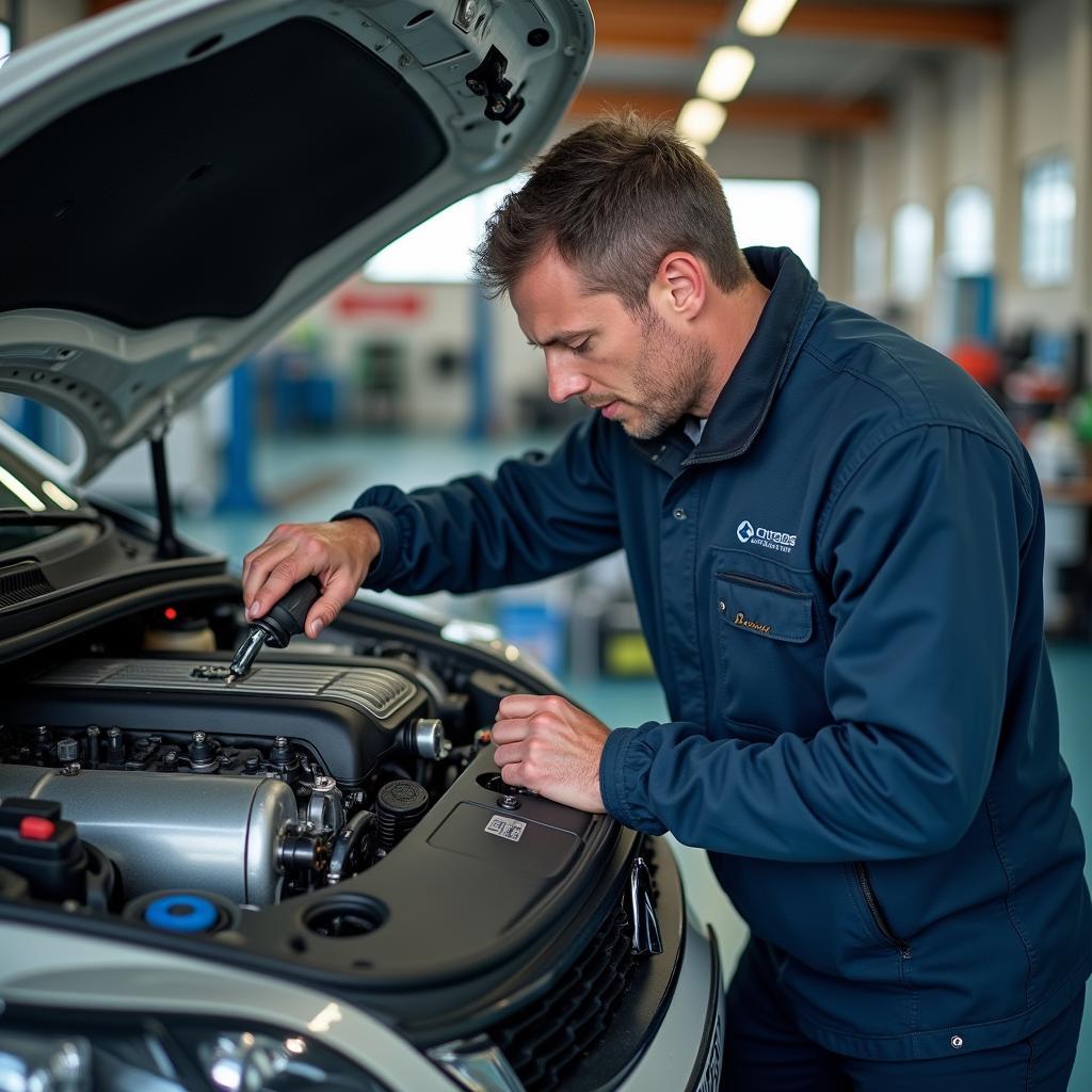 Kfz-Mechatroniker repariert Citroën Motor in der Werkstatt. Professionelle Motorinstandsetzung mit Spezialwerkzeug.