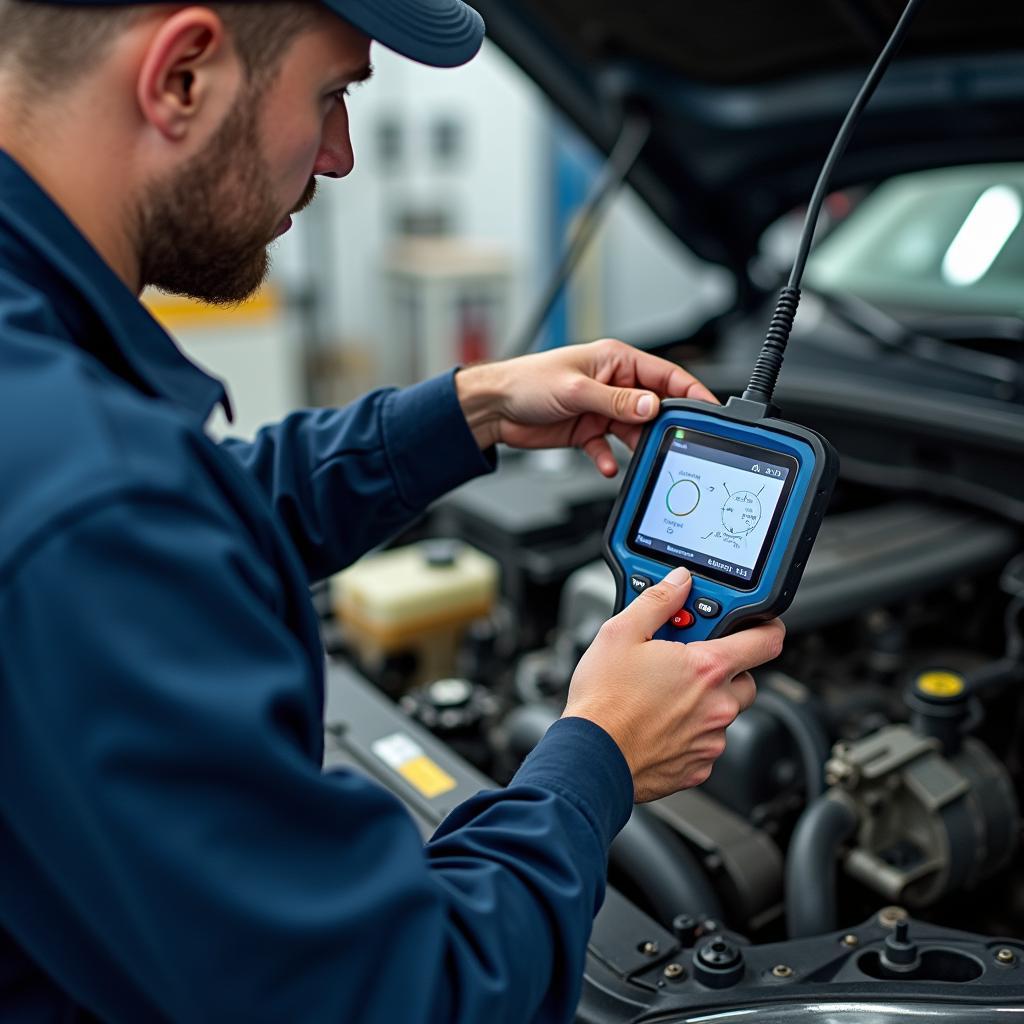 Kfz-Mechatroniker diagnostiziert mit einem Diagnosegerät die Getriebeelektronik eines Fahrzeugs in der Werkstatt.