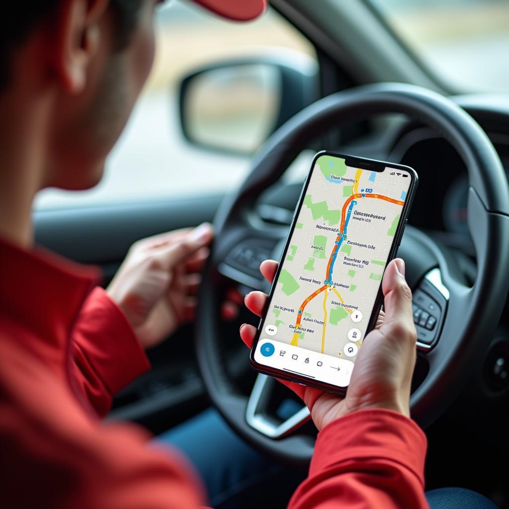 Kurierfahrer plant seine Lieferroute mit einem Smartphone und einer Navigations-App.