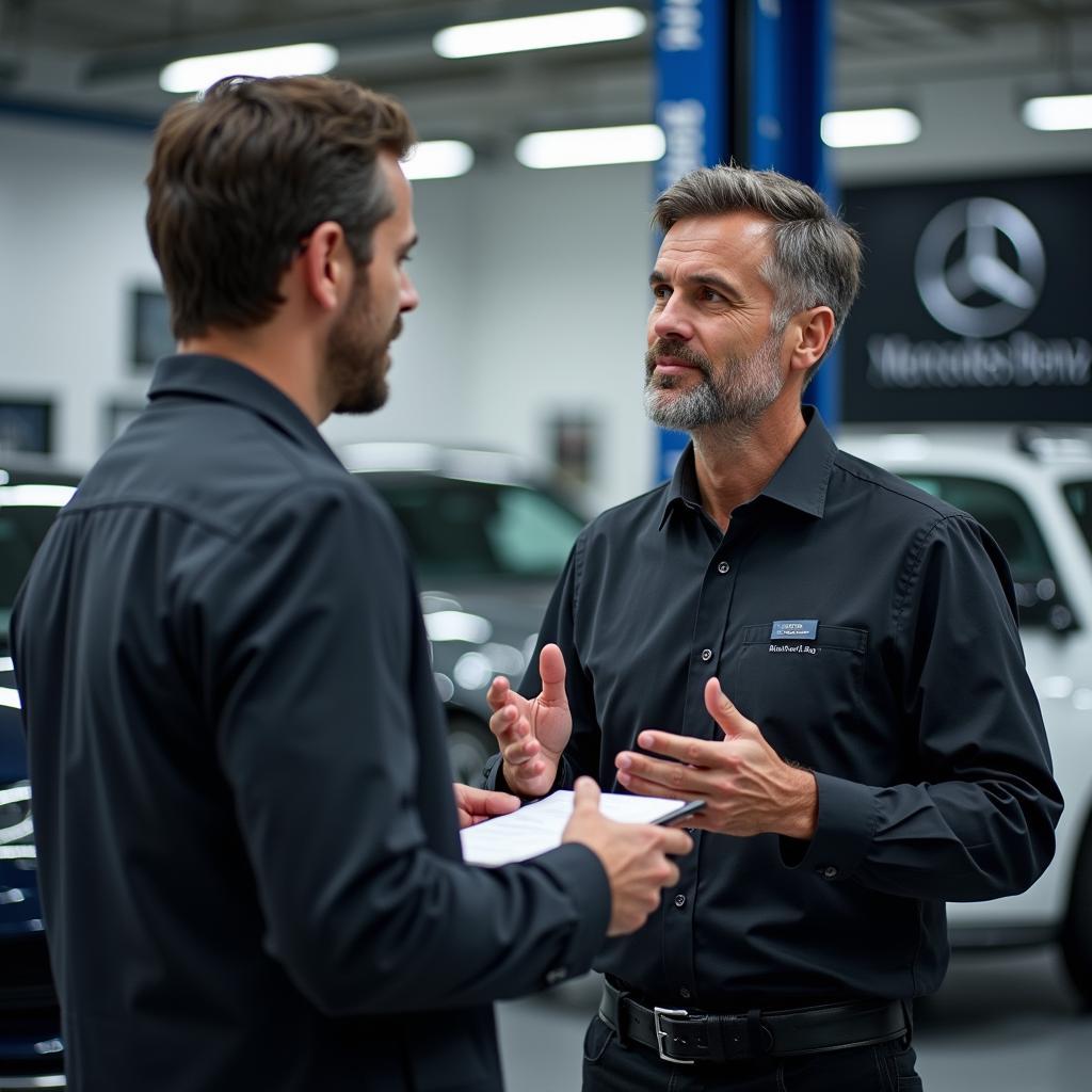 Mercedes-Werkstatt-Service in Dubai: Ein Mitarbeiter berät einen Kunden zu den angebotenen Serviceleistungen.