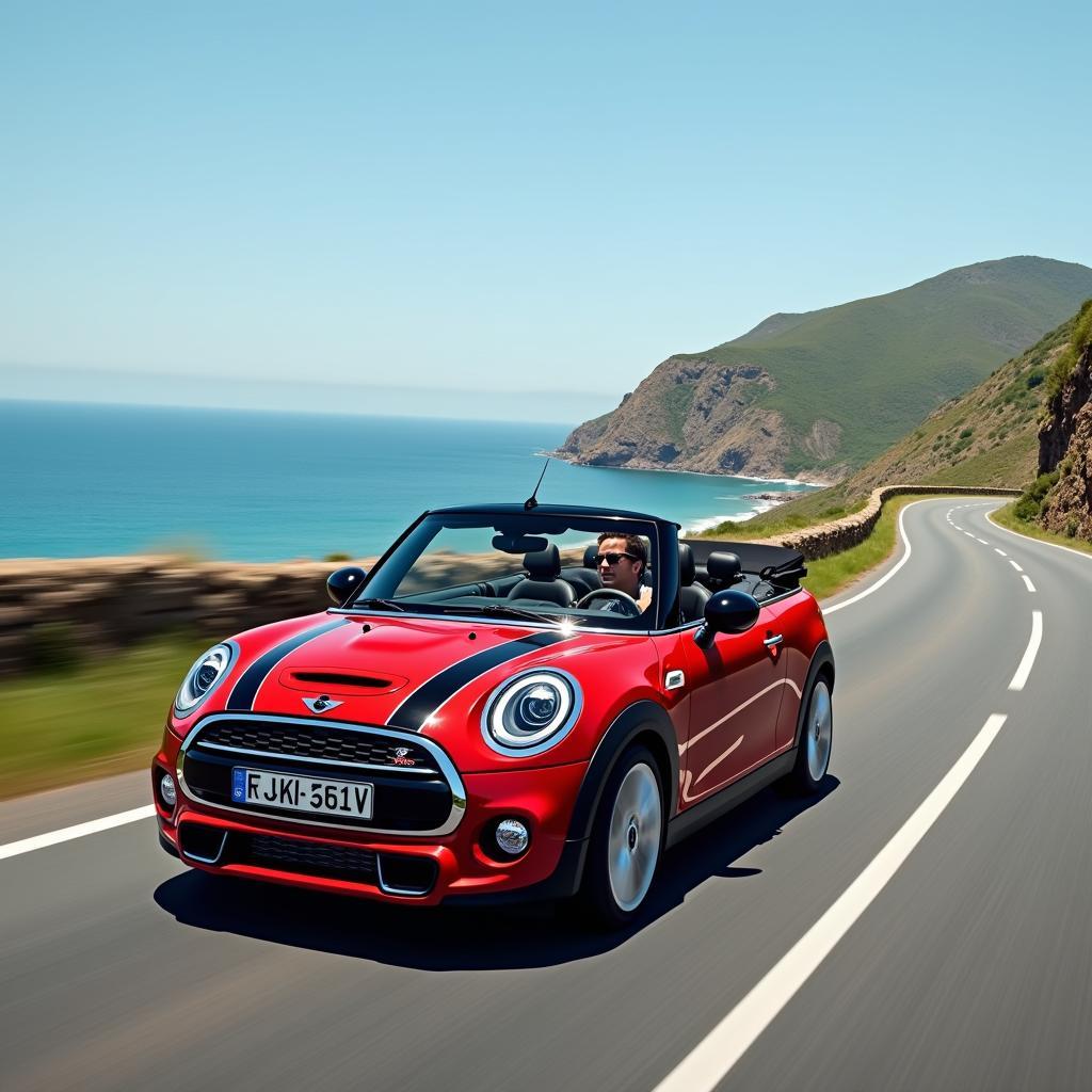 Mini Cooper Cabrio Automatik fährt auf einer Küstenstraße