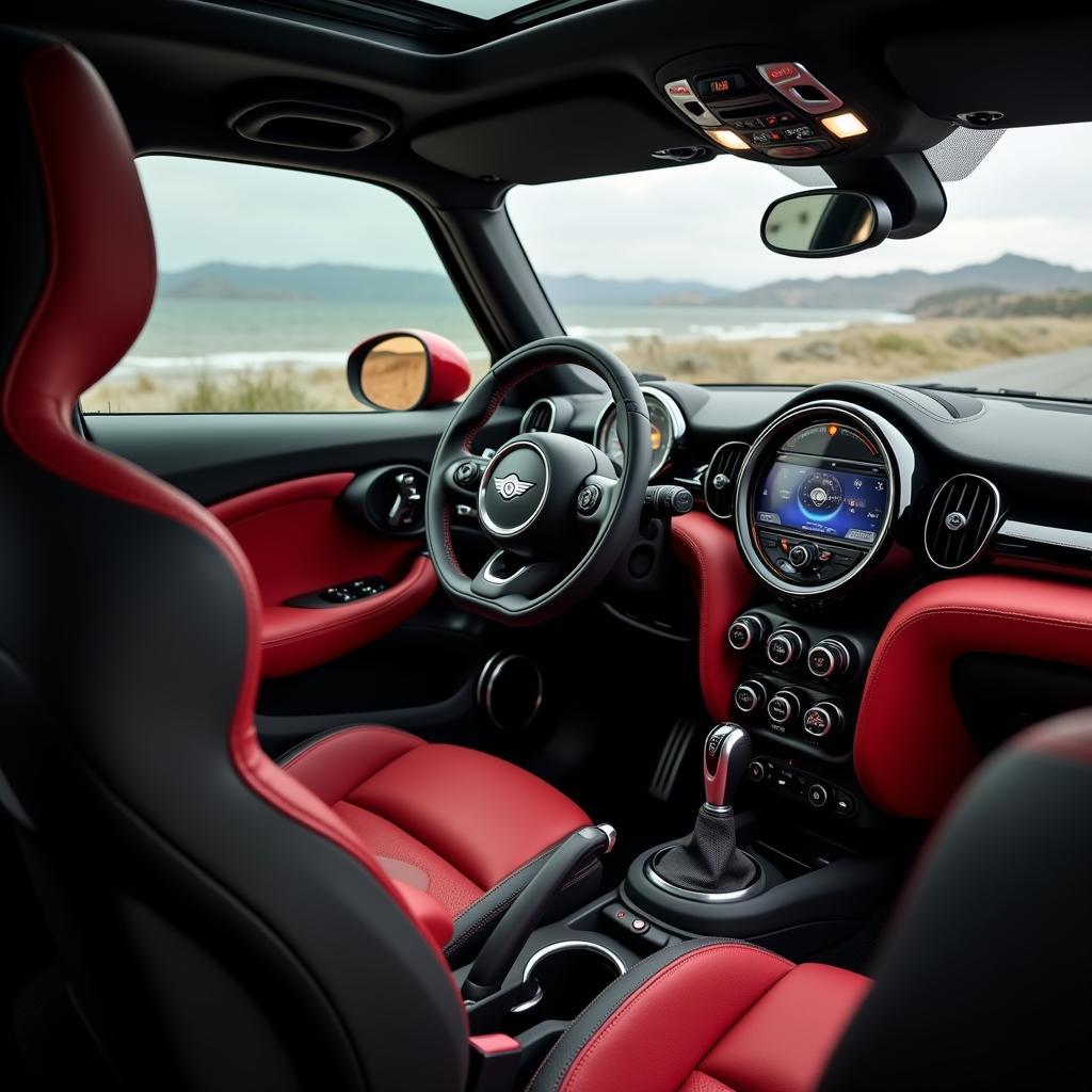 Hochwertiger Innenraum des MINI John Cooper Works 2023 mit sportlichen Sitzen und modernen Features.