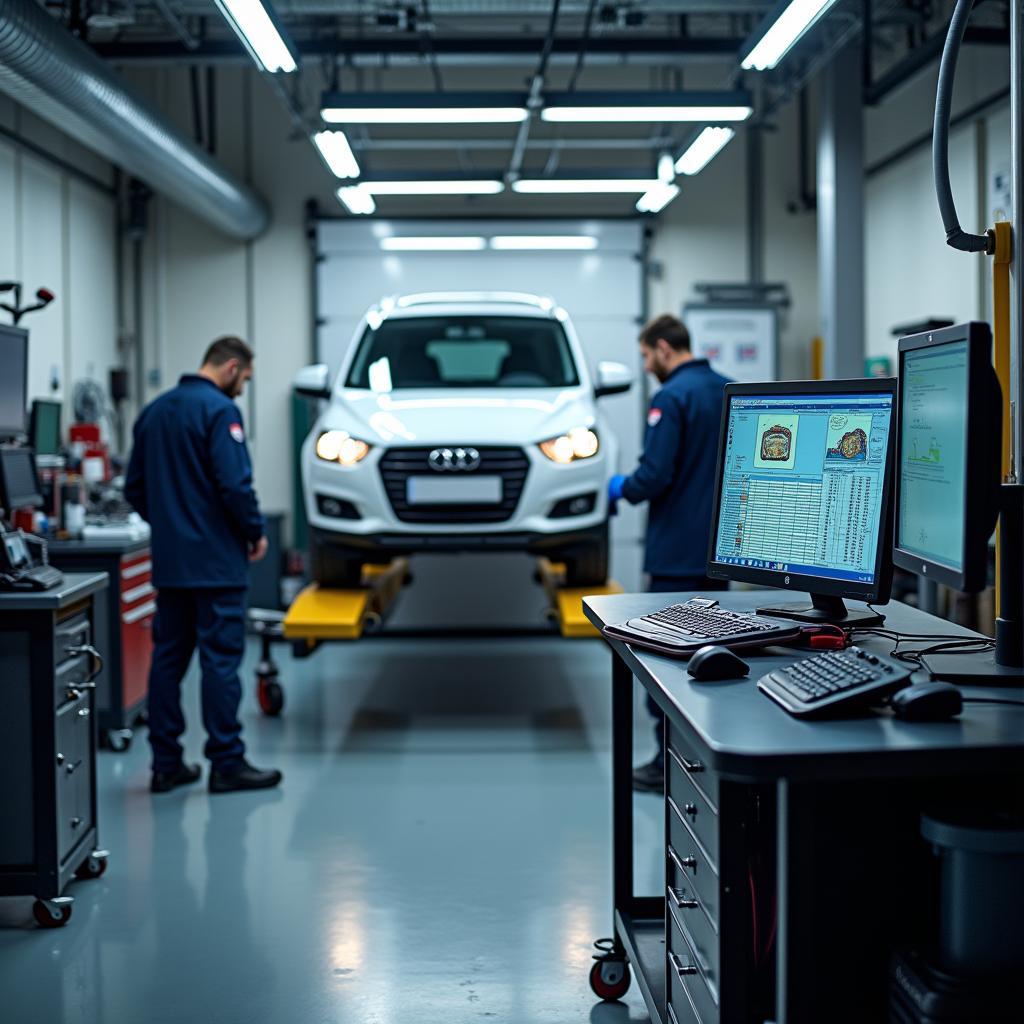 Moderne Kfz-Werkstatt mit fortschrittlicher Diagnosetechnologie.