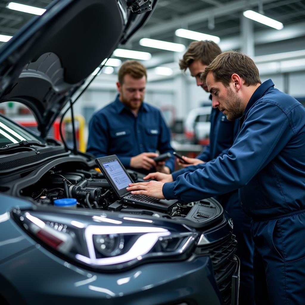 Mechaniker schulen sich am Opel Astra Ultimate-Paket: Diagnose und Reparatur moderner Fahrzeugsysteme.