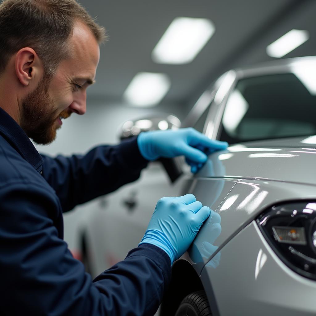 Professioneller Folierer bei der Arbeit in Flensburg: Präzision und Expertise bei der Autofolierung.