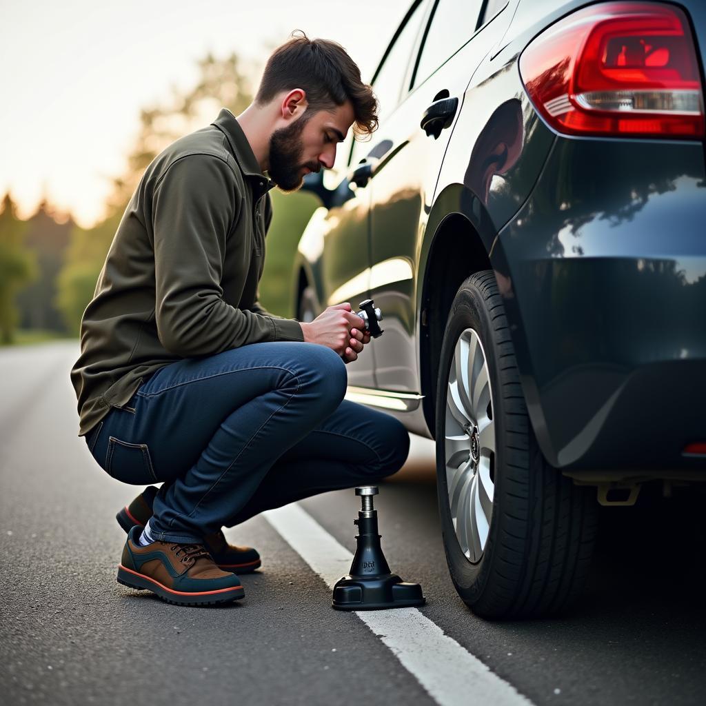 Wechseln eines platten Reifens gegen ein Notrad am Straßenrand