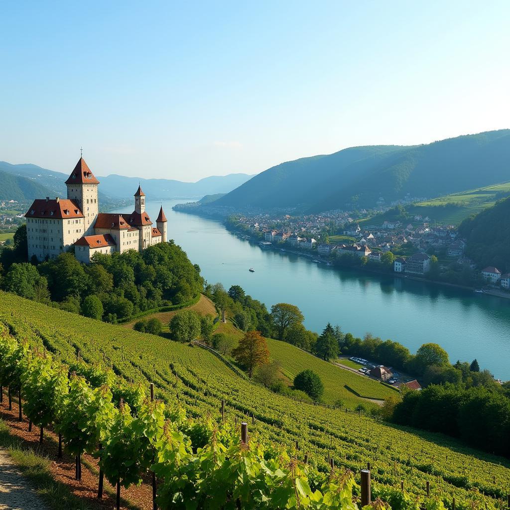 Rheinlandschaft mit Burg und Weinberg: Panoramablick auf den Rhein