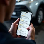 Starcar Werkstatt Bewertungen Online: Ein Kunde liest Online-Bewertungen von Starcar-Werkstätten auf seinem Smartphone.