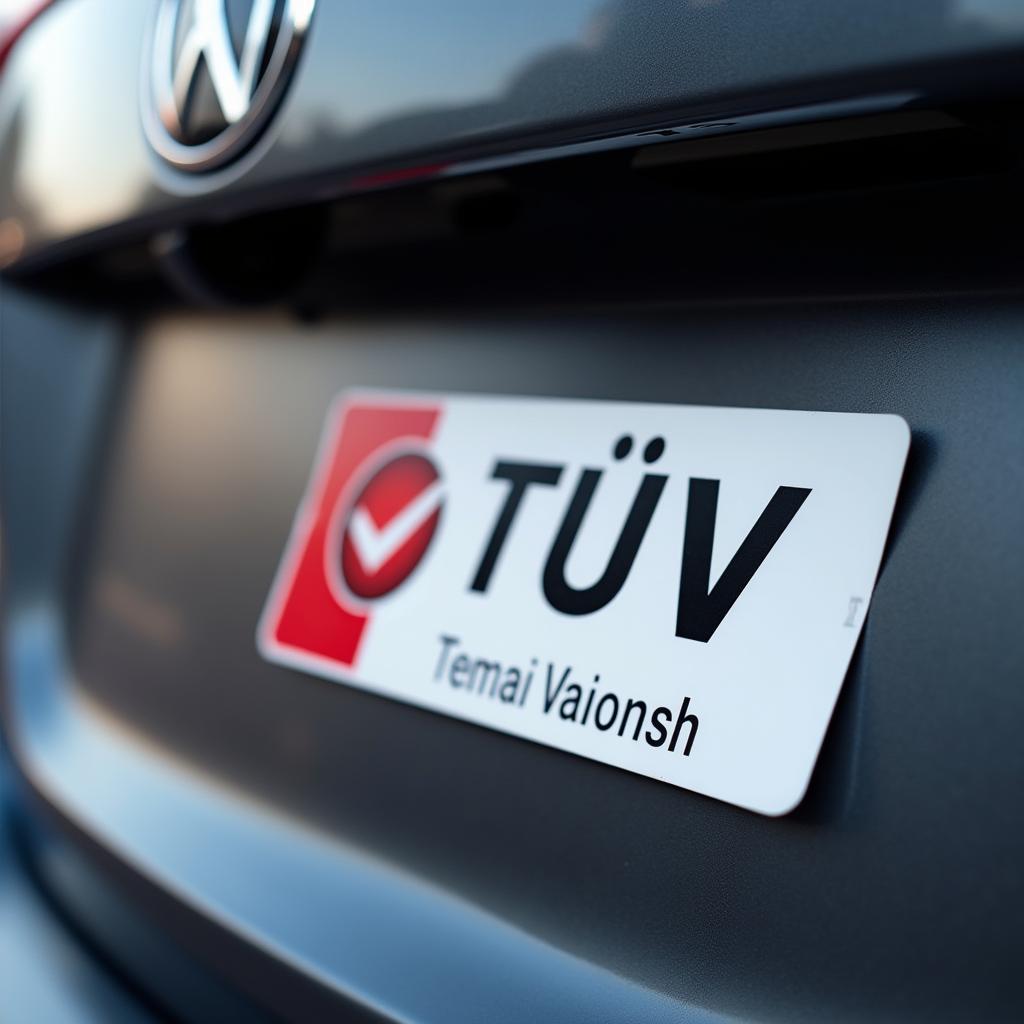 TÜV-Plakette auf einem Auto nach bestandener Hauptuntersuchung.