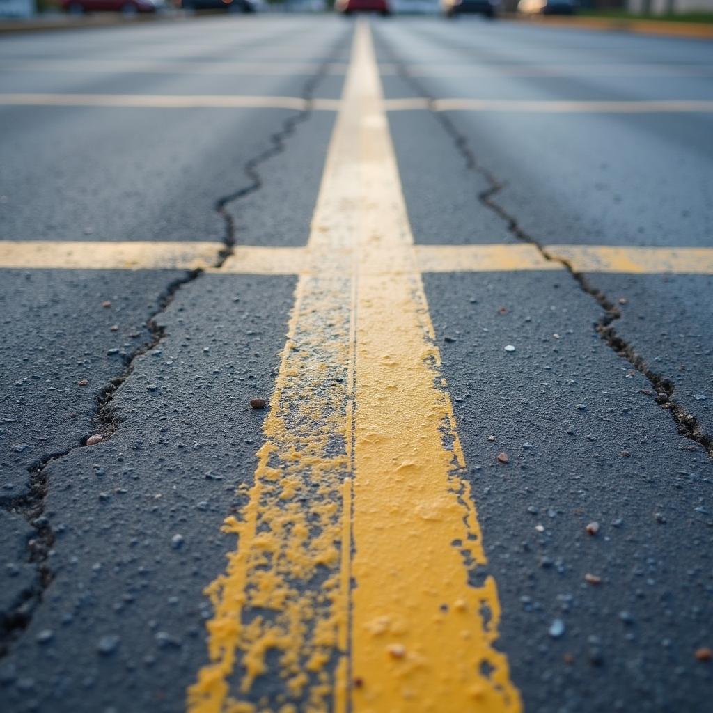 Verblasste Parkplatzmarkierungen: Abgenutzte und kaum sichtbare Linien auf einem Parkplatz erhöhen das Risiko von Unfällen und erschweren das Einparken.