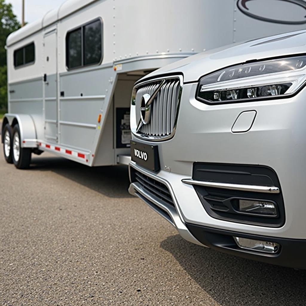 Volvo XC90 3.5T mit Pferdeanhänger:  Ein Volvo XC90 3.5T zieht einen Pferdeanhänger.  Im Fokus steht die korrekt montierte Anhängerkupplung.