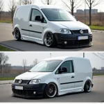 VW Caddy Tieferlegung: Vorher-Nachher Vergleich. Ein VW Caddy im Originalzustand und ein tiefergelegter VW Caddy.