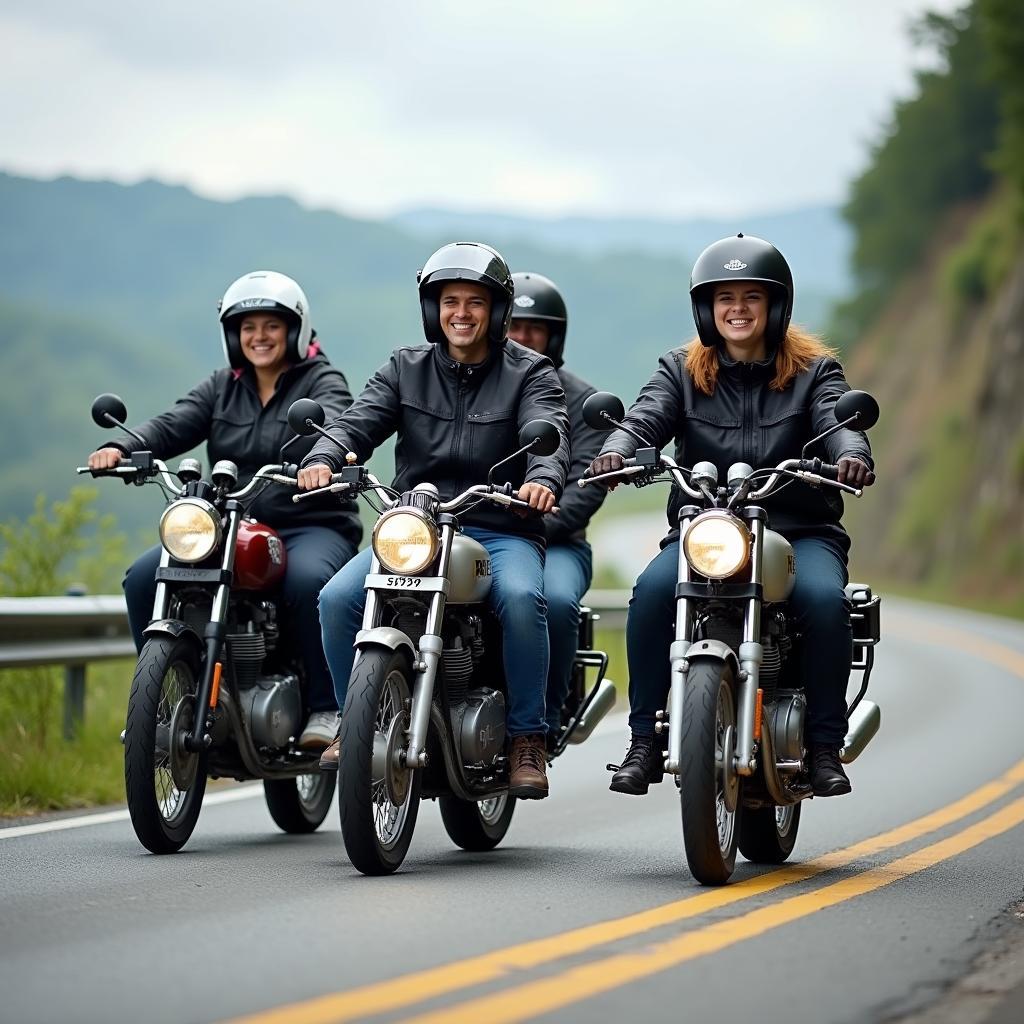 Gruppe von Freunden fährt mit ihren Zweitakt-Motorrädern aus.